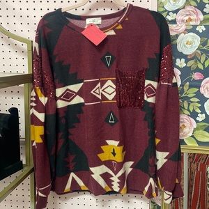 Very soft Aztec sequin long sleeve blouse with front  pocket